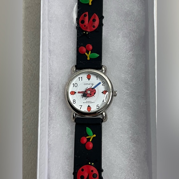 Geneva Quartz Girls Ladybug with Cherries Black Wrist Watch Water Resistant - Picture 8 of 14